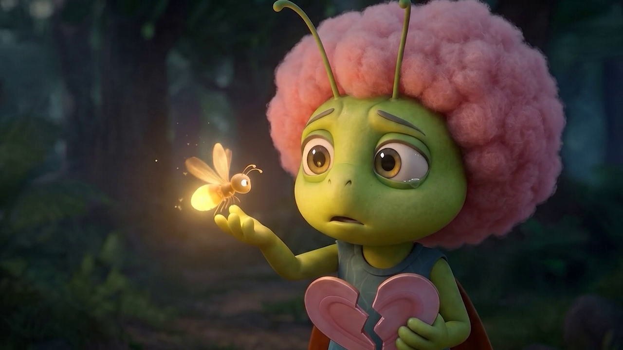 Sibelle olha para um vaga-lume luminoso