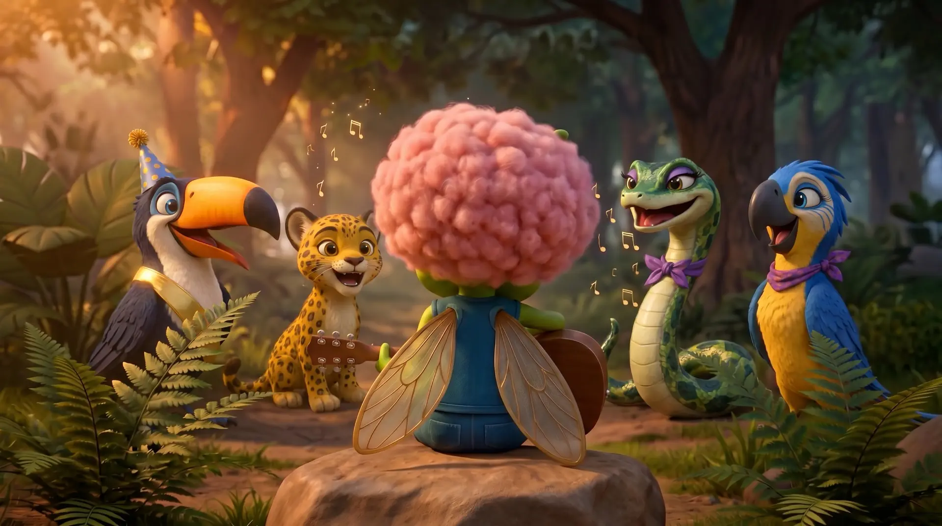 Sibelle canta com personagens da floresta