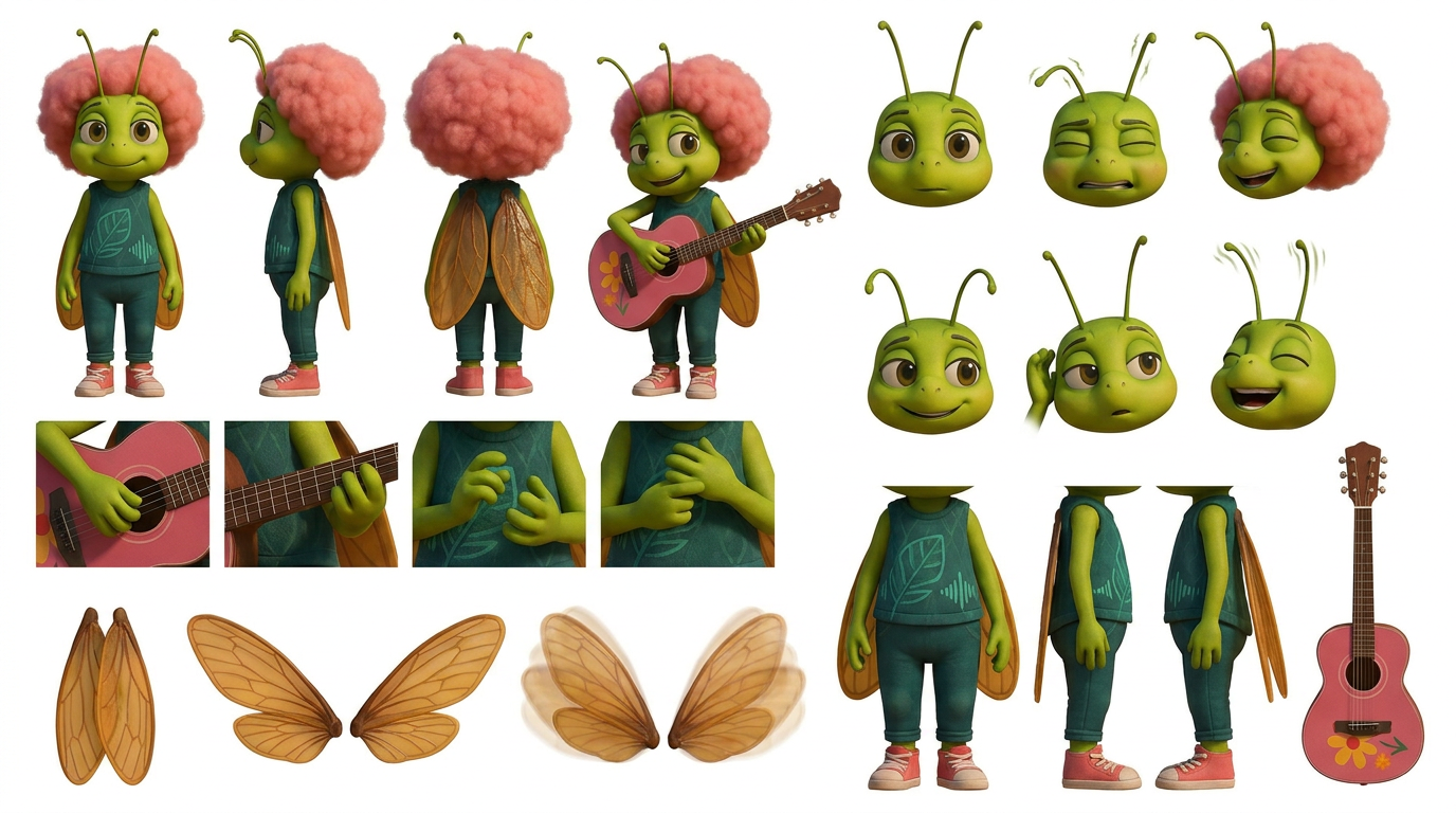 Estudo de personagem de Sibelle com poses e expressões